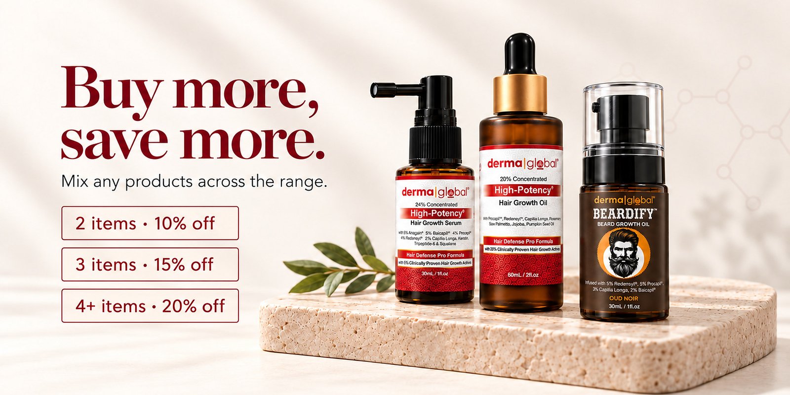 Buy more, save more: 10% off 2 items, 15% off 3, 20% off 4 or more