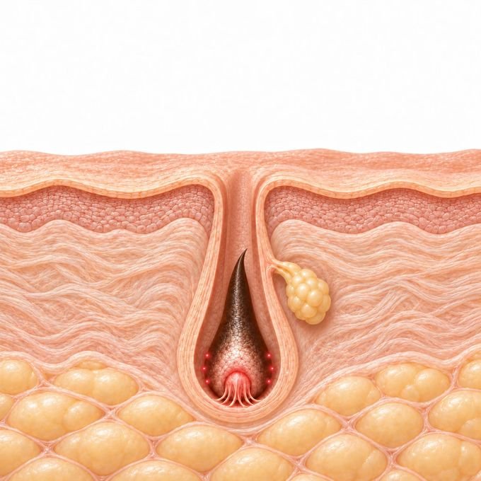Cross-section of a hair follicle with the base glowing as a new growth cycle begins