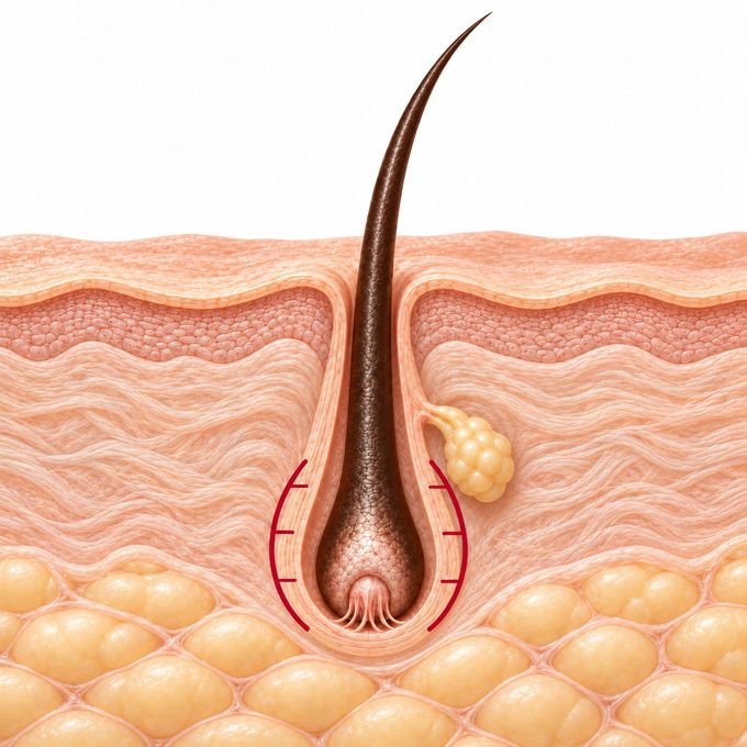 Cross-section of a hair follicle held firmly at the root