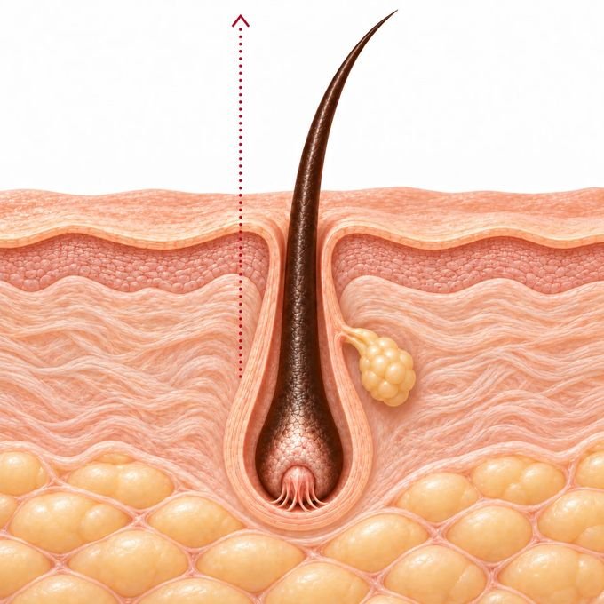 Cross-section of a hair follicle with a long hair growing upward