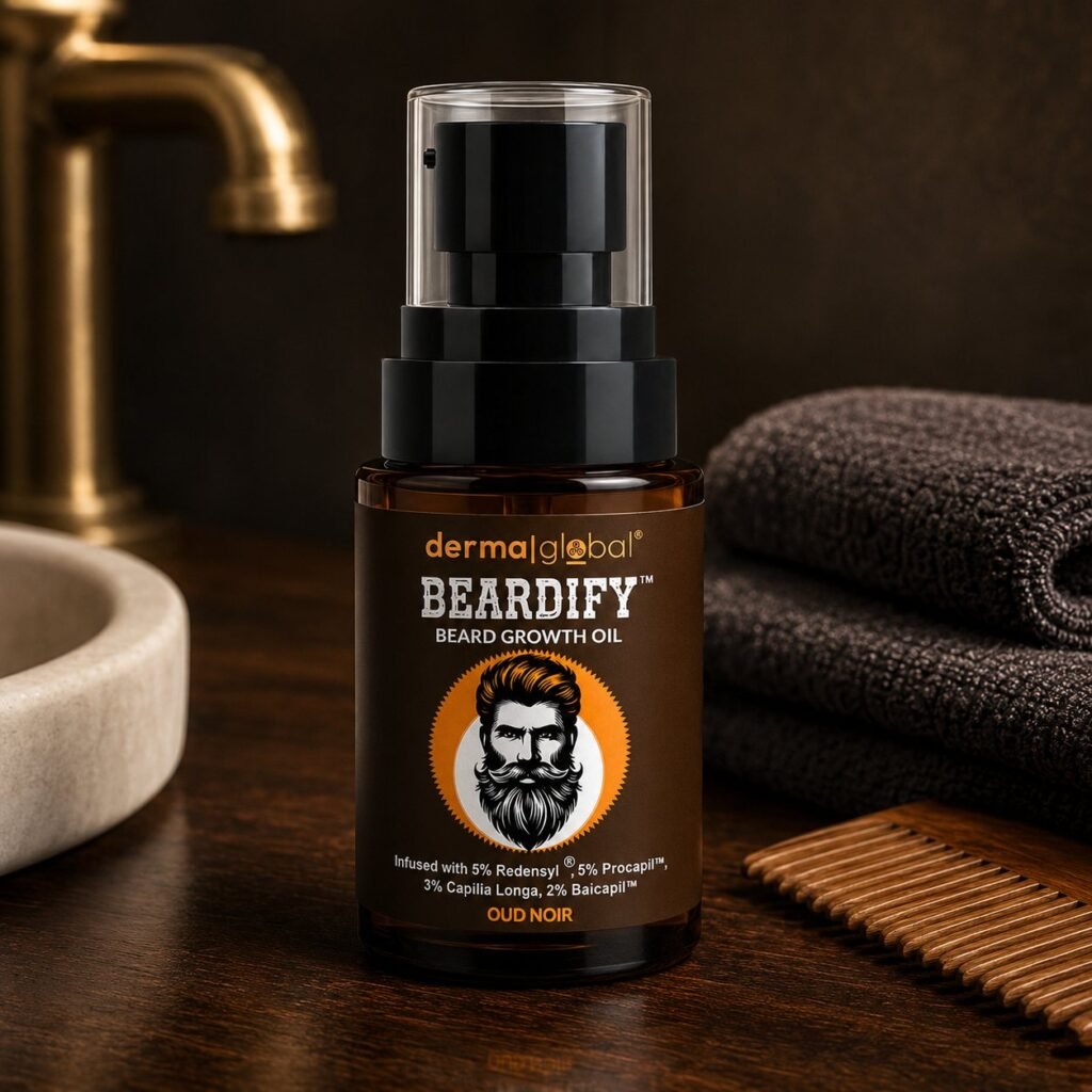 Beardify Beard Growth Oil bottle on a dark wood counter