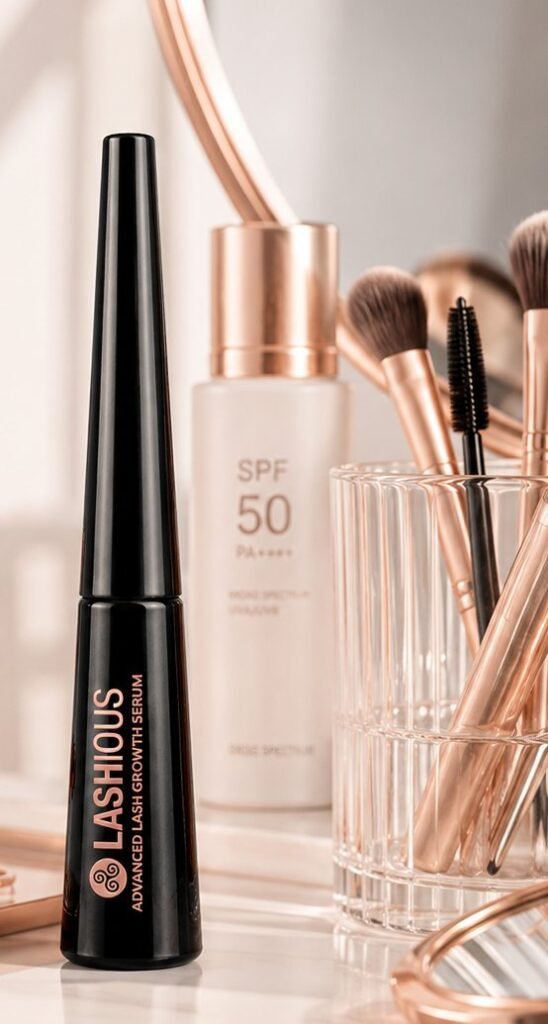 Lashious lash serum tube on a vanity