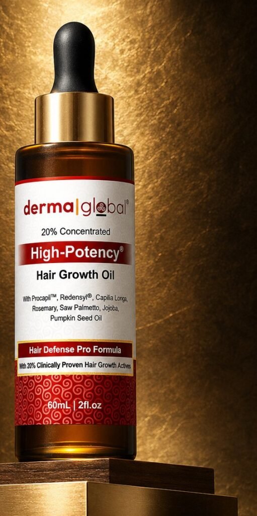 High-Potency Hair Growth Oil dropper bottle against a gold backdrop