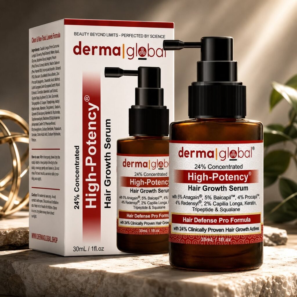 High-Potency Hair Growth Serum bottle and box on a stone ledge
